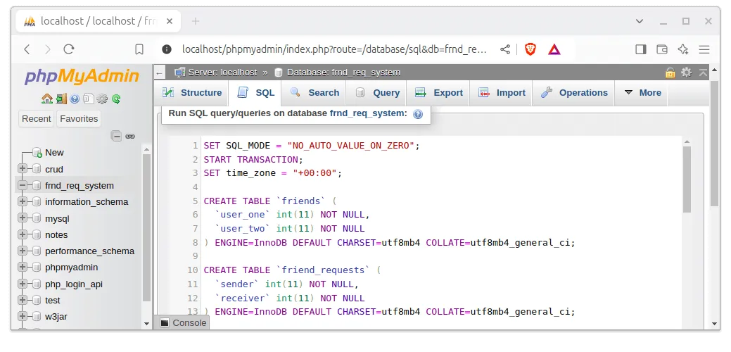 creating tables for frnd_req_system in phpmyadmin