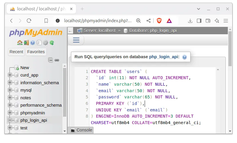 Executing SQL code in phpmyadmin to create the users table for php_login_api database