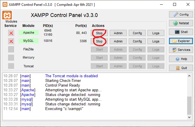 Xampp Start apache and MySQL